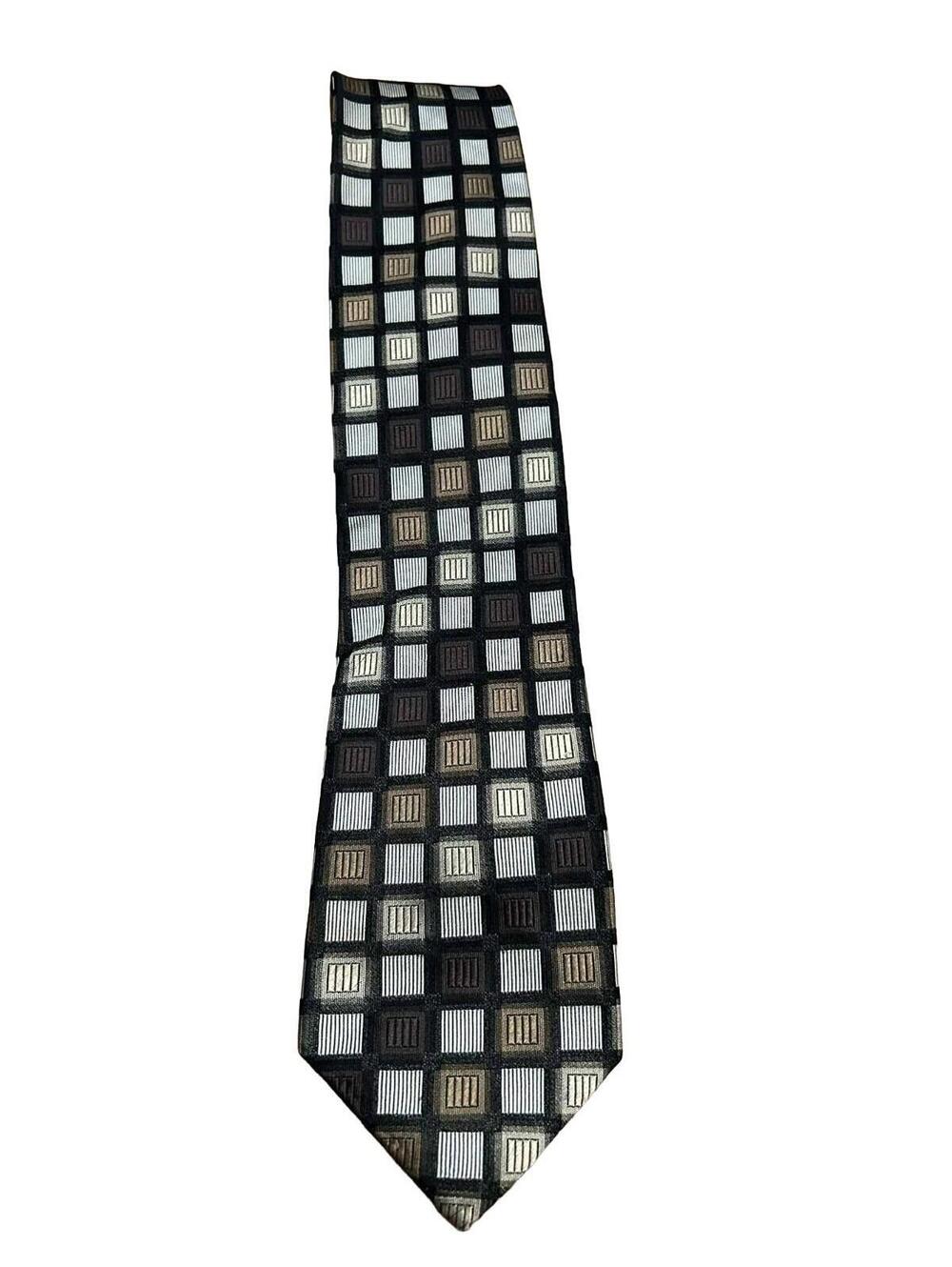 Peacock Men's 100% Silk Geometric Pattern Necktie Multi-color Brwn Blck Slvr Gry